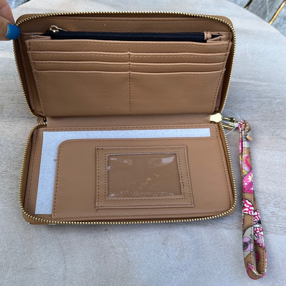 Betsey Johnson Western Cowgirl Skull Wristlet Wallet Tan Pink Gold Tone Zip - Picture 6 of 16